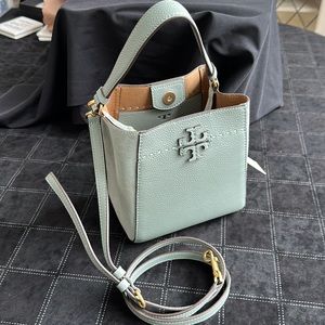 Tory Burch McGraw Small Bucket Bag Style#88219 Blue Celadon New